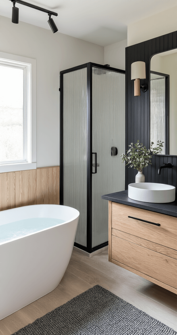 Black Bathroom Decor: Transform Your Space with Bold Sophistication Scandinavian-style bathroom featuring a matte black wood slat accent wall behind a freestanding oval tub, a black steel-framed shower enclosure with ribbed glass, a white oak vanity with a black stone countertop and vessel sink, black track lighting, and a charcoal grey natural fiber rug, all illuminated by soft natural daylight.