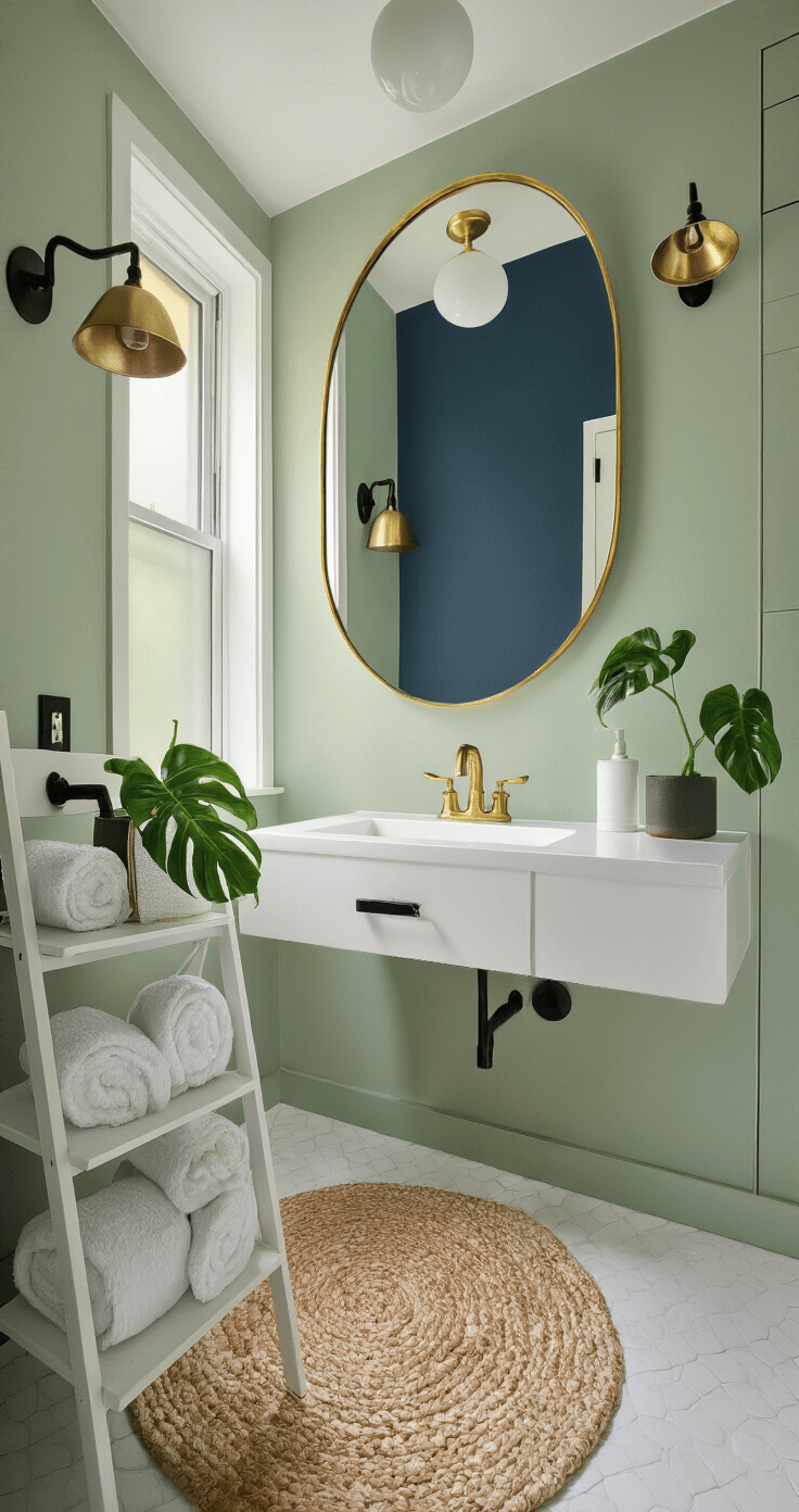 Transforming Your Apartment Bathroom: A Design Lover's Ultimate Guide to Stylish Small Spaces Bright 5x8ft apartment bathroom with sage green walls and a navy blue accent wall, featuring a floating white vanity, gold-rimmed mirror, brushed gold faucet, and matte black hardware, illuminated by soft natural light from a frosted window. Decorative elements include rolled white towels on a ladder shelf, a potted monstera plant, and a cream and sage geometric shower curtain.