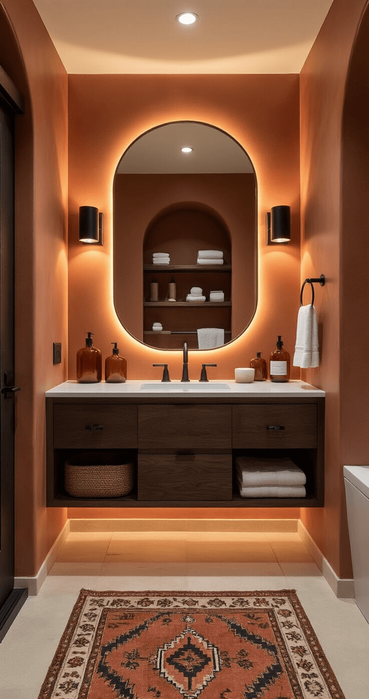 Transforming Your Apartment Bathroom: A Design Lover's Ultimate Guide to Stylish Small Spaces Intimate evening view of a compact bathroom featuring warm LED lighting under a dark wood vanity, an arched brass mirror, floating wooden shelves styled with amber and white accents, and a patterned Turkish kilim bath mat, all under soft ambient light.