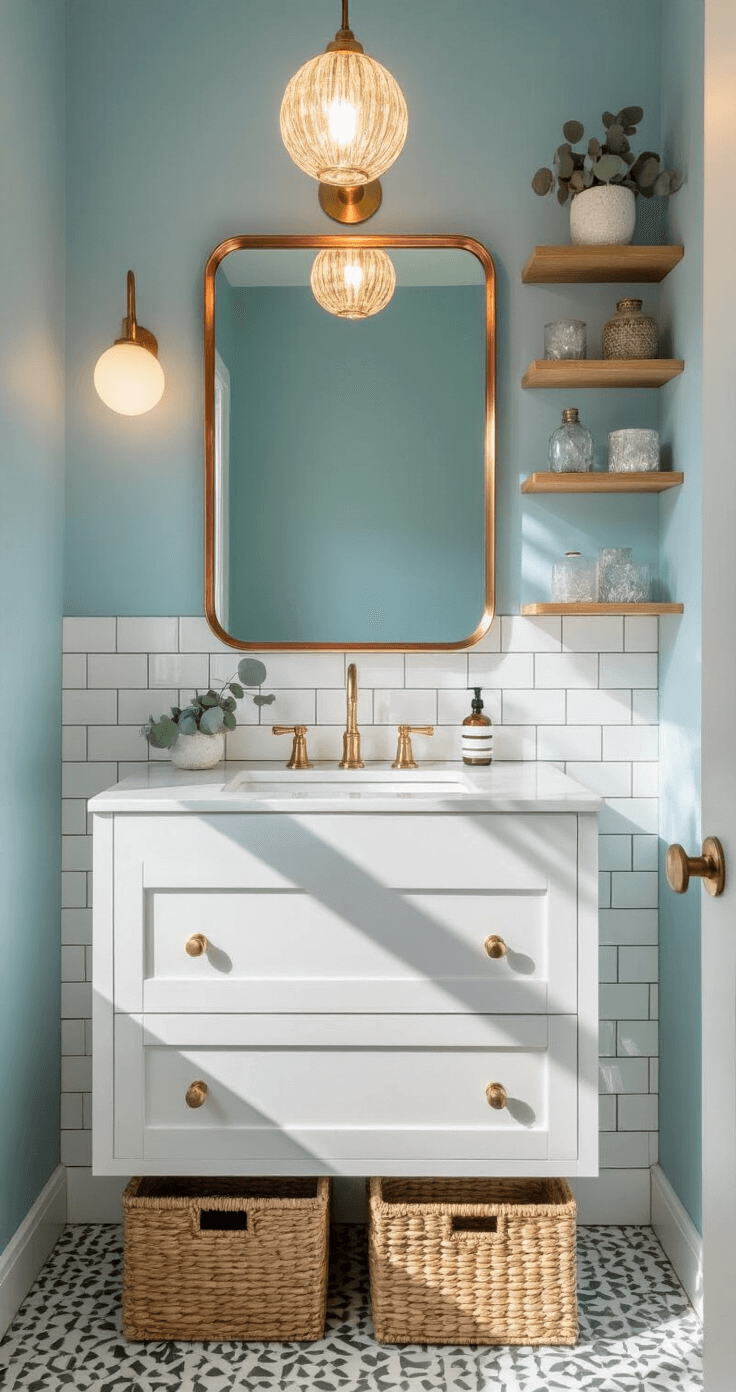 Transforming Your Apartment Bathroom: A Design Lover's Ultimate Guide to Stylish Small Spaces A high-angle view of a 5x7ft bathroom during golden hour, featuring light blue walls, brass fixtures, a copper-framed mirror, white subway tiles with dark grout, a wall-mounted white vanity, woven storage baskets, and a modern globe pendant casting warm light across metallic finishes.