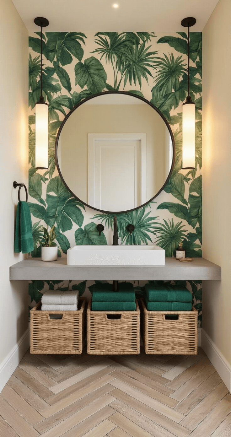 Transforming Your Apartment Bathroom: A Design Lover's Ultimate Guide to Stylish Small Spaces A stylish bathroom featuring bold tropical removable wallpaper on one wall, soft cream walls, a floating concrete vanity above herringbone tiles, a large round mirror reflecting uplighting, rattan storage, emerald green towels, and black matte hardware.