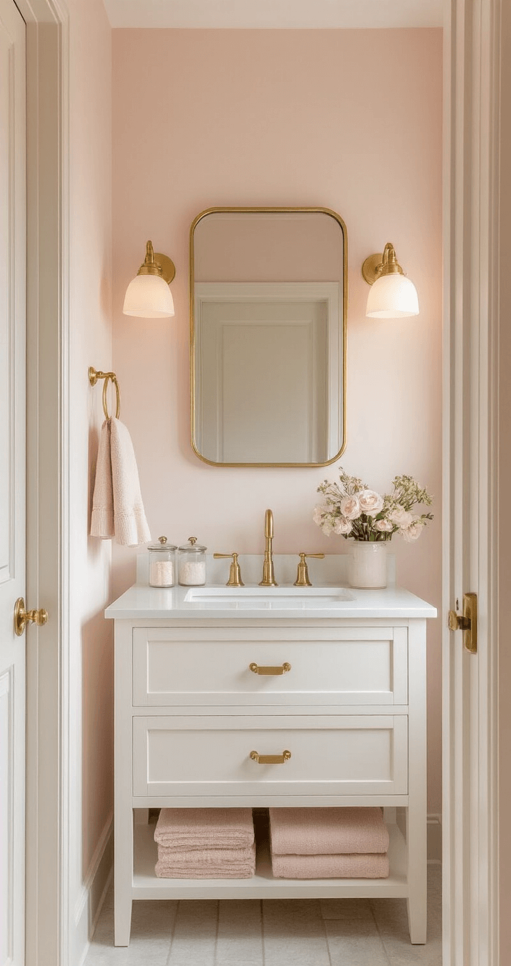 Transforming Your Apartment Bathroom: A Design Lover's Ultimate Guide to Stylish Small Spaces Morning light floods a small bathroom with pale pink walls, featuring brushed gold fixtures and a vintage vanity light. A large rectangular mirror hangs above a white floating vanity, alongside glass canisters for storage. A tall white linen cabinet enhances vertical space, while blush and cream textiles introduce a soft touch.