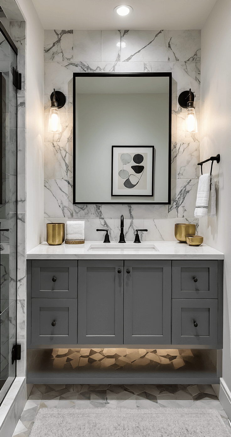 Transforming Your Apartment Bathroom: A Design Lover's Ultimate Guide to Stylish Small Spaces Dramatic evening shot of a stylish bathroom with removable marble-effect tiles on a statement wall, a matte black framed mirror, matching fixtures, and mood lighting beneath a gray floating vanity, accented by white walls, geometric brass vessels, and contemporary art prints.