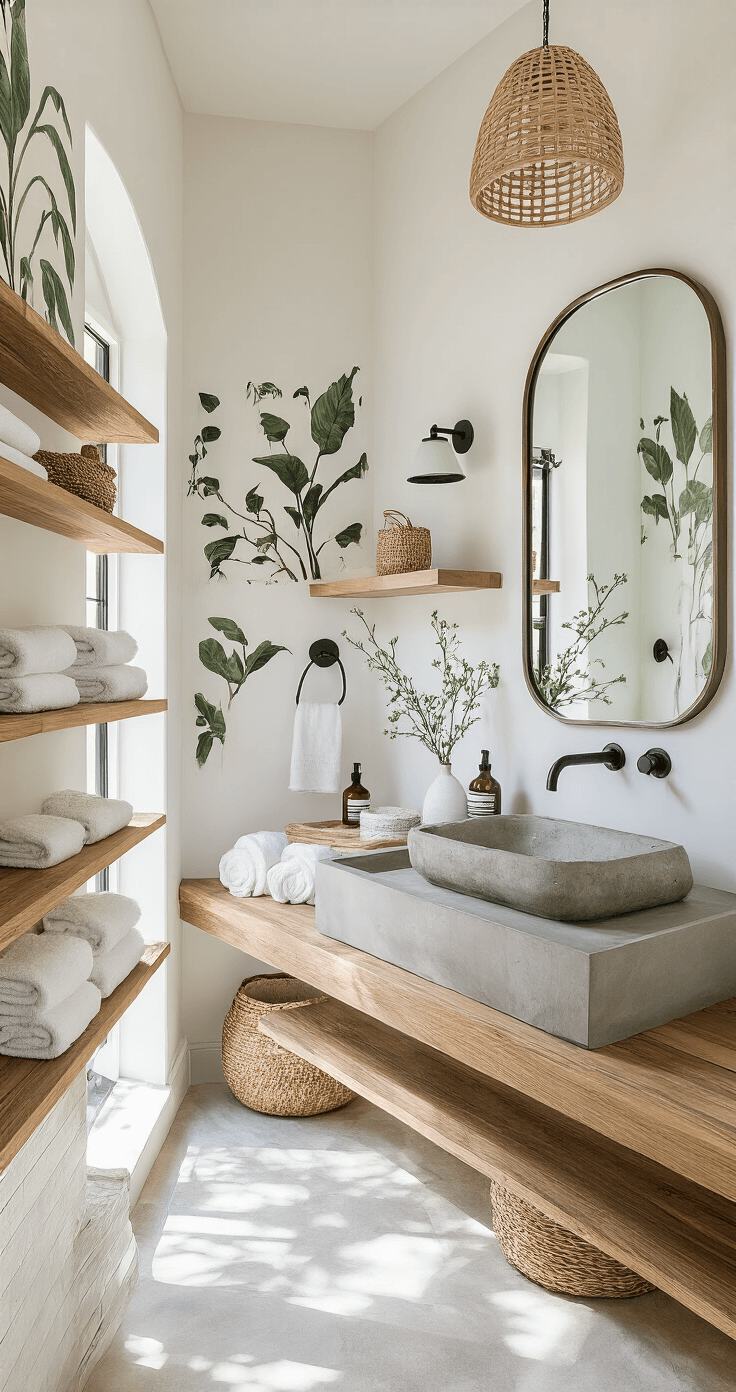 Transforming Your Apartment Bathroom: A Design Lover's Ultimate Guide to Stylish Small Spaces Sunlit bathroom featuring white walls adorned with botanical prints, a large arch mirror in brushed nickel, asymmetric floating wooden shelves with coastal decor and rolled towels, a rattan pendant light, a concrete vessel sink, and matte black hardware.