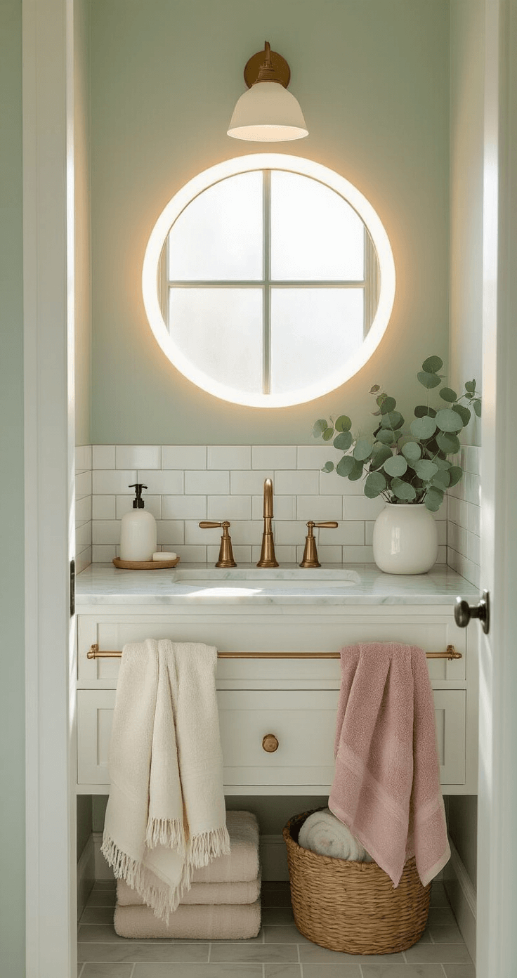 Transforming Your Small Bathroom: A Complete Decor Guide for Instagram-Worthy Spaces Cozy bathroom with white subway tiles and pale sage green walls, featuring a marble floating vanity with brass hardware and a round backlit mirror, illuminated by morning sunlight from a frosted window. Decorated with layered Turkish towels, a potted eucalyptus, and a rattan basket.