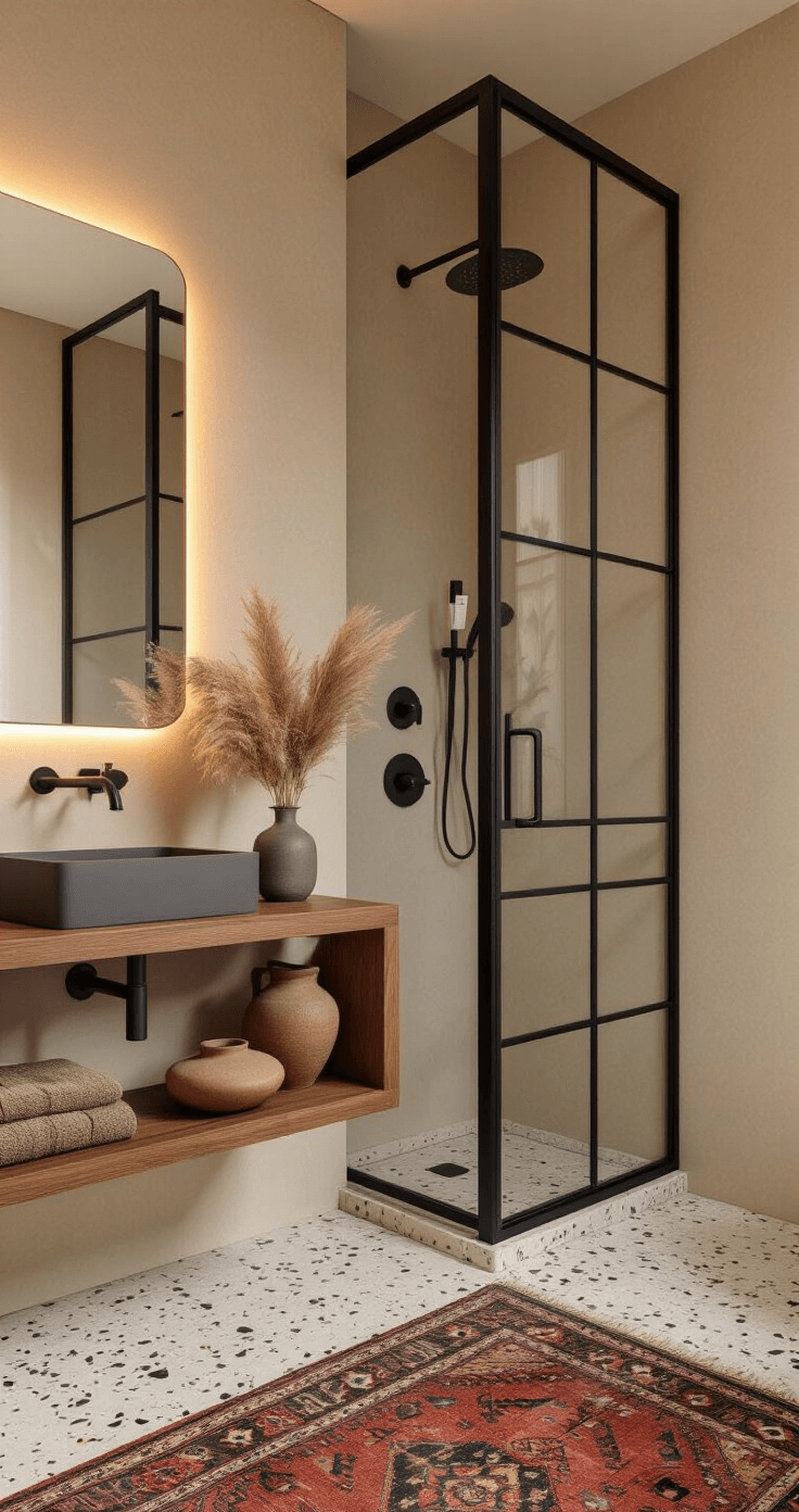 Transforming Your Small Bathroom: A Complete Decor Guide for Instagram-Worthy Spaces Intimate bathroom featuring modern matte black fixtures against warm greige walls, geometric black-framed shower door, floating walnut shelves with artisanal pottery and pampas grass, terrazzo flooring, vintage Turkish rug, and soft LED strip lighting behind an oversized mirror, all captured at golden hour from a high corner angle.