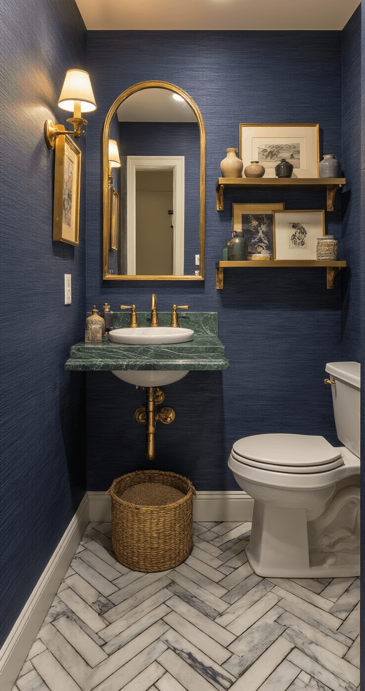 Transforming Your Small Bathroom: A Complete Decor Guide for Instagram-Worthy Spaces Petite powder room at dusk featuring navy grasscloth wallpaper, brass sconces, an arched mirror, a white pedestal sink with green marble, and a vintage brass shelf above the toilet. Herringbone marble floor tiles and warm artificial lighting enhance the intimate luxury of the space.