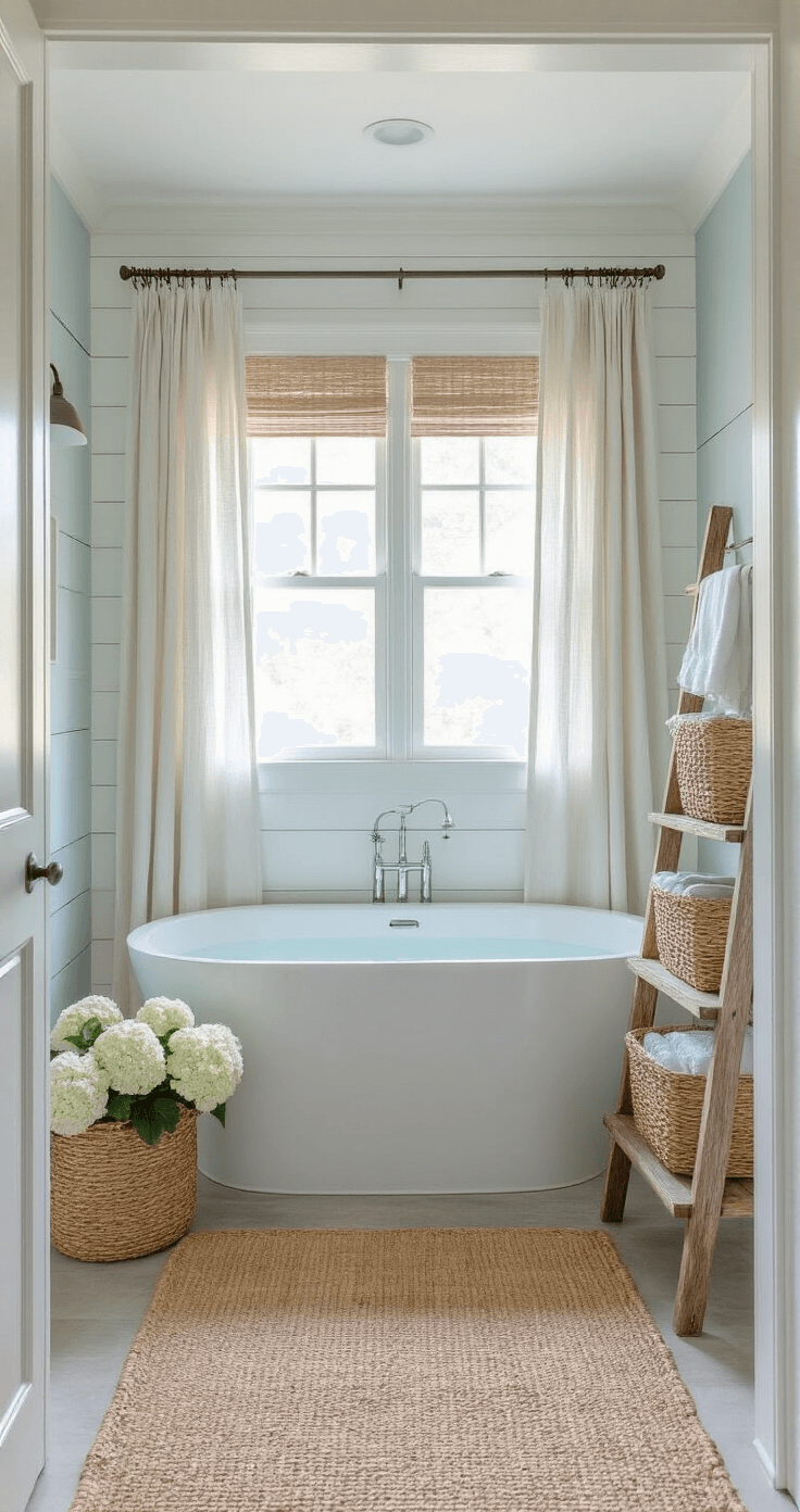 Transforming Your Small Bathroom: A Complete Decor Guide for Instagram-Worthy Spaces Light-filled coastal-inspired bathroom featuring a shiplap accent wall, pale blue-gray paint, and a freestanding soaking tub under a window with linen curtains. A weathered oak ladder shelf holds woven baskets and white hydrangeas, while a natural jute rug adds texture, all captured in soft mid-morning light.