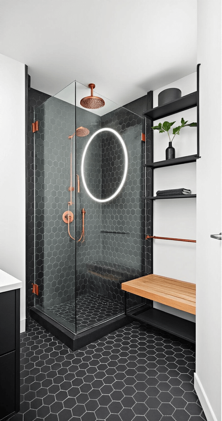 Transforming Your Small Bathroom: A Complete Decor Guide for Instagram-Worthy Spaces Modern bathroom featuring black hexagon floor tiles and white walls, with a glass walk-in shower and copper fixtures. A floating teak bench and industrial black metal shelving display minimalist decor. An oversized circular mirror with LED lighting enhances the urban sophisticated ambiance influenced by Japanese design.