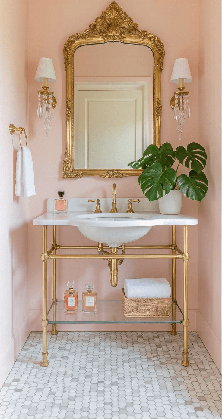 Transforming Your Small Bathroom: A Complete Decor Guide for Instagram-Worthy Spaces A whimsical 5x8ft bathroom featuring blush pink walls and white penny tile flooring, with a vintage console sink on gold legs beneath an ornate gold mirror. Crystal wall sconces provide glamour, while a potted monstera adds organic contrast. A Lucite shelf displays perfume bottles catching soft morning light, all under gentle natural illumination, blending feminine vintage with modern luxury.