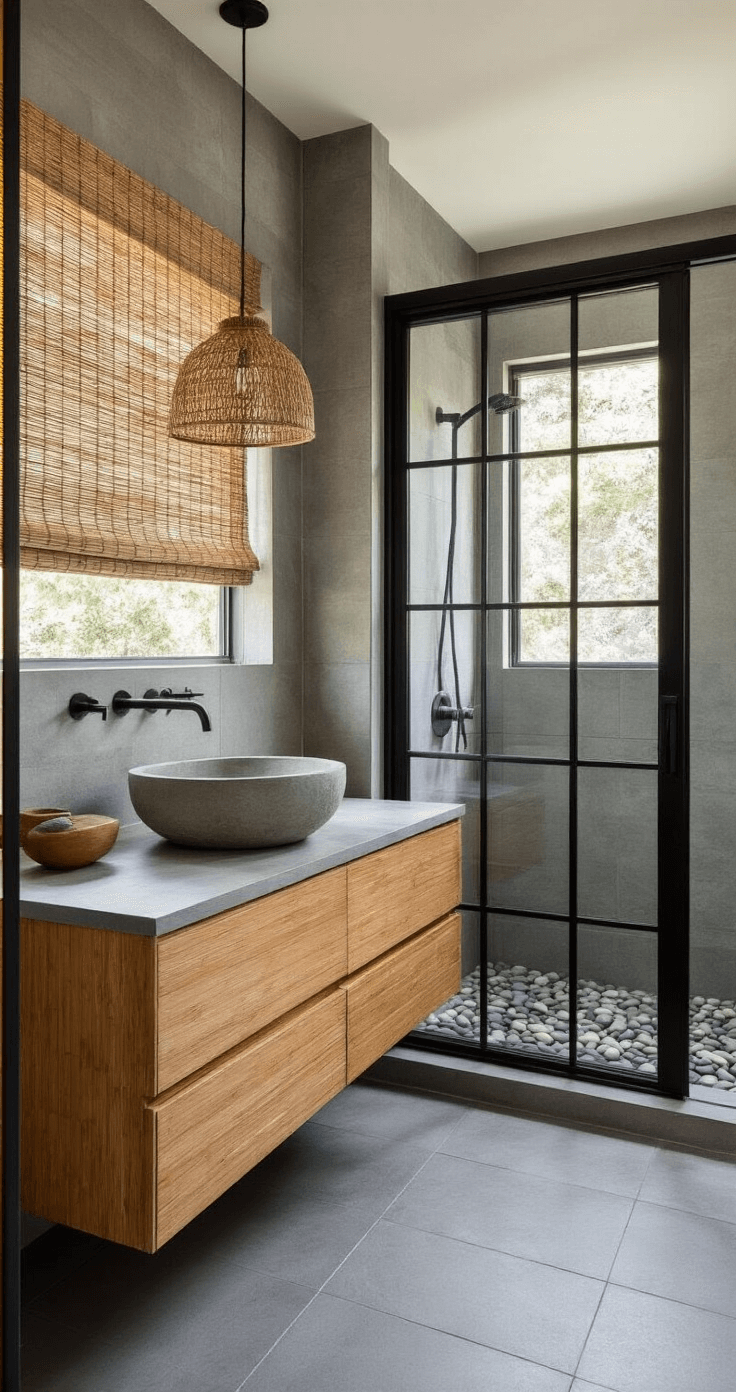Transforming Your Small Bathroom: A Complete Decor Guide for Instagram-Worthy Spaces Calm minimalistic bathroom with warm gray tiles, a floating bamboo vanity with a concrete sink, a floor-to-ceiling window with a woven shade, and a black metal grid shower door, adorned with natural materials and soft afternoon light.