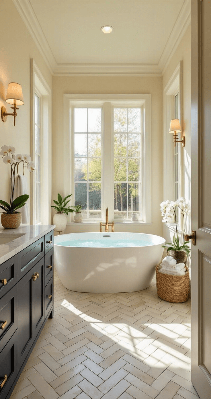 Bathroom Decor Inspiration: Transform Your Space with Style and Creativity Master bathroom retreat featuring a freestanding oval soaking tub, marble herringbone floors, contemporary navy vanity with Carrara marble top, and brass sconces, all illuminated by morning light through large windows, creating a serene and sophisticated atmosphere.