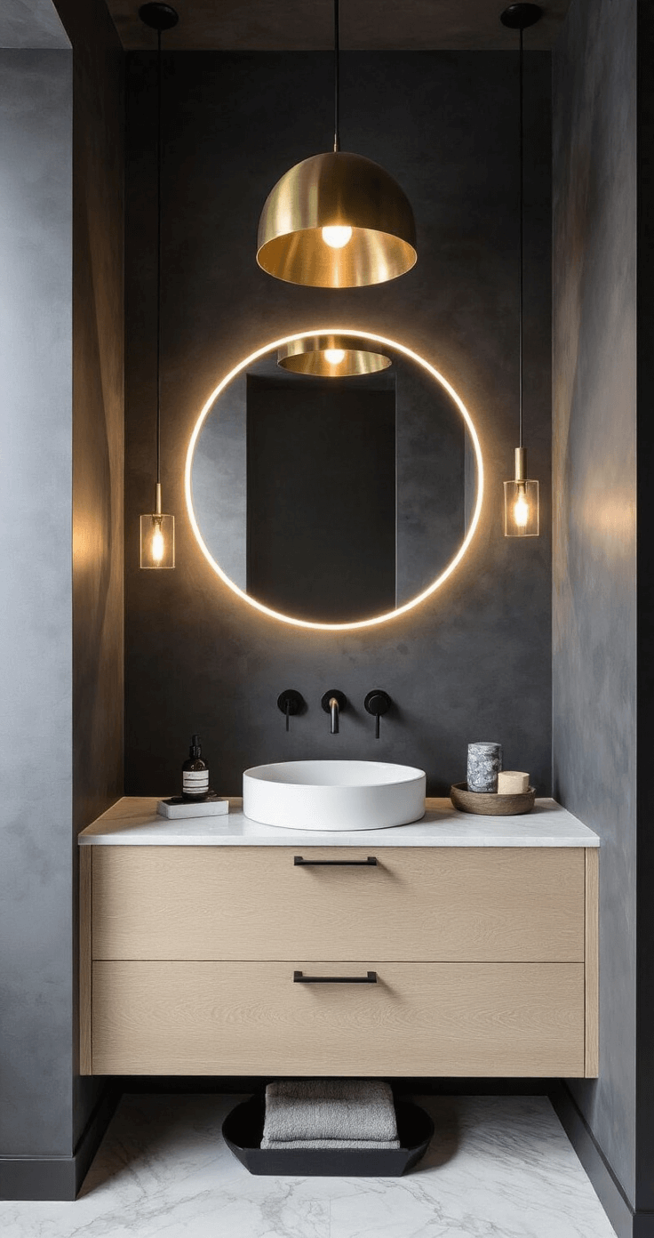 Bathroom Decor Inspiration: Transform Your Space with Style and Creativity Intimate modern powder room featuring dramatic charcoal walls, a 10ft ceiling, a brass pendant light casting geometric shadows, a wall-mounted floating bleached oak vanity with a vessel sink, an oversized round LED-backlit mirror, and black matte hardware on a marble tray, captured from a low angle to emphasize vertical space and moody lighting.