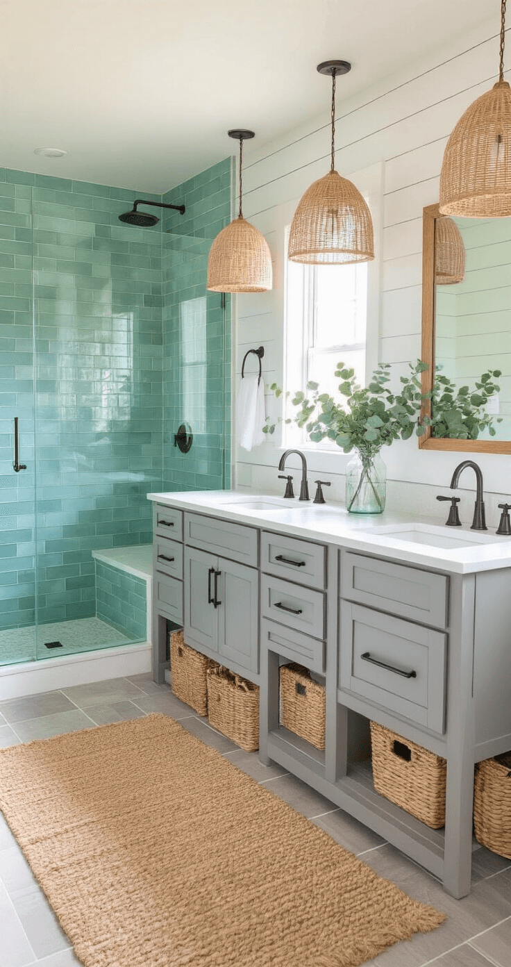 Bathroom Decor Inspiration: Transform Your Space with Style and Creativity Bright and airy coastal master bathroom featuring a shiplap accent wall, seafoam green glass tile shower, weathered gray double vanity with quartz countertop, jute rug on ceramic wood-look tiles, rattan pendant lights, and fresh eucalyptus in a vase, illuminated by morning light.