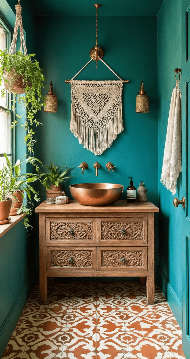 Bathroom Decor Inspiration: Transform Your Space with Style and Creativity A vibrant bohemian bathroom featuring deep teal walls, vintage brass fixtures, and Moroccan cement floor tiles in terra cotta and cream. It includes a carved wooden vanity with a copper vessel sink, macramé wall hanging, trailing plants, mixed metal accents, and layered textiles, all bathed in soft afternoon light.