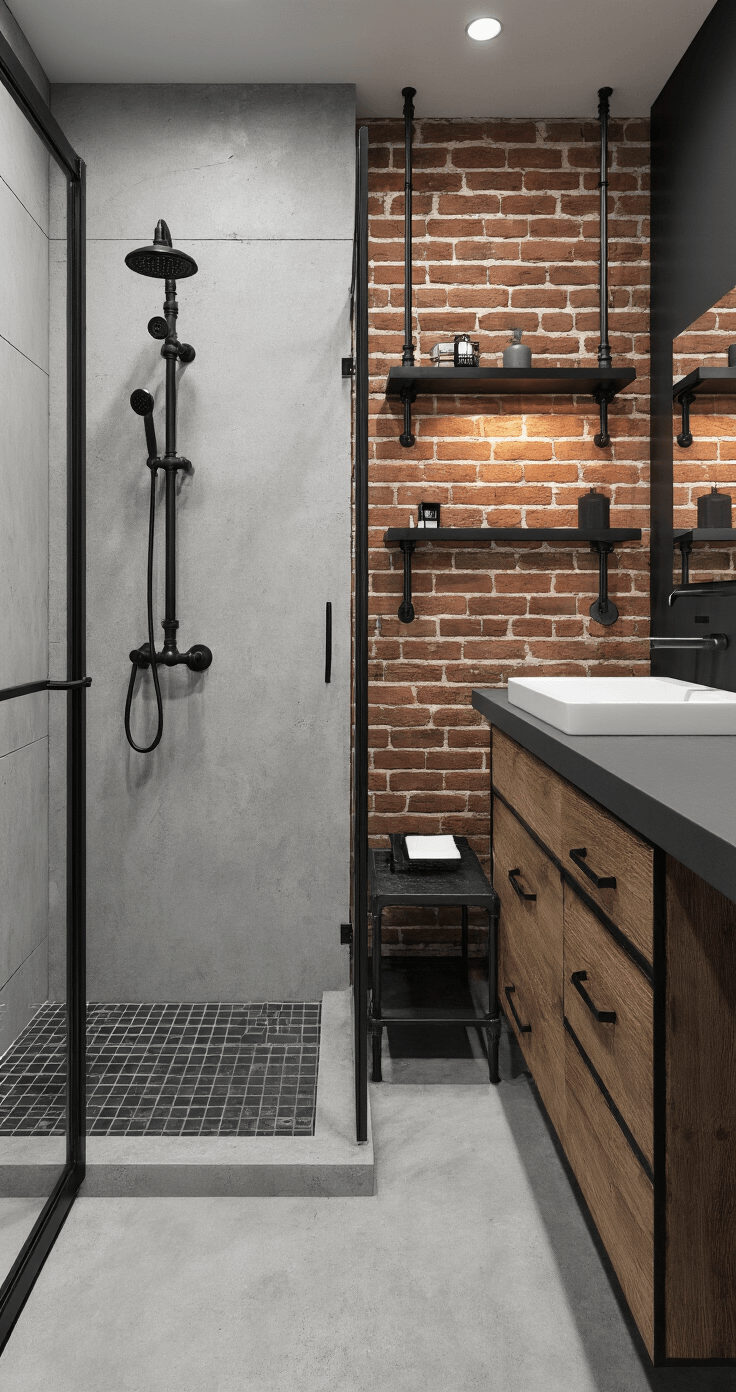 Bathroom Decor Inspiration: Transform Your Space with Style and Creativity A contemporary 9x12ft urban industrial ensuite featuring an exposed brick accent wall, black-framed shower enclosure, and concrete-look large format tiles, with a custom steel and wood vanity, industrial pipe shelving, and dramatic uplighting highlighting the brick texture.