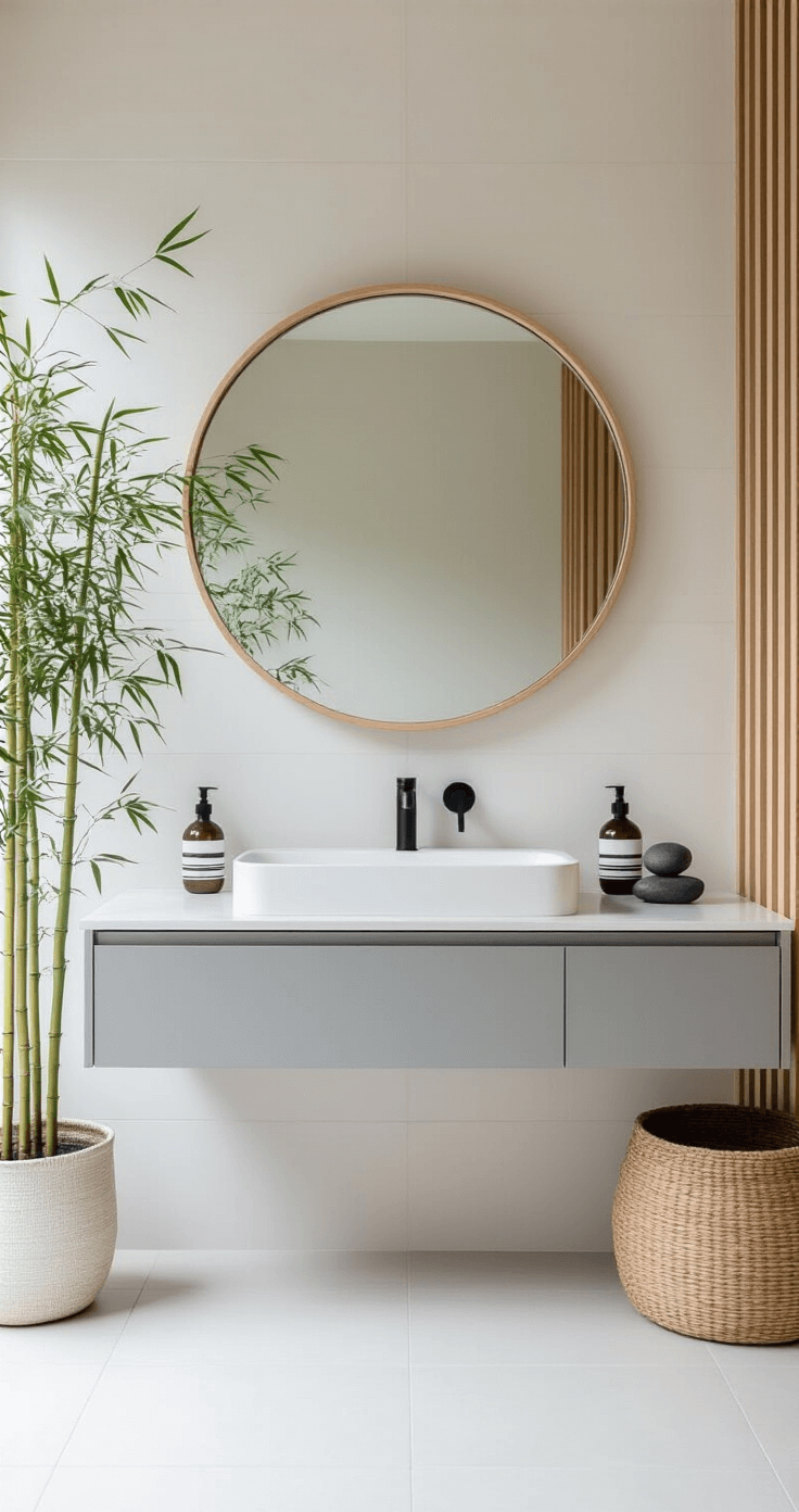 Bathroom Decor Inspiration: Transform Your Space with Style and Creativity A bright Scandinavian zen bathroom featuring a white oak slat wall, minimalist floating pale gray vanity with integrated sink, large textured white porcelain tiles, an oversized round mirror, black fixtures, potted bamboo, and natural stone accessories, captured from a high angle to emphasize clean lines and an uncluttered aesthetic.
