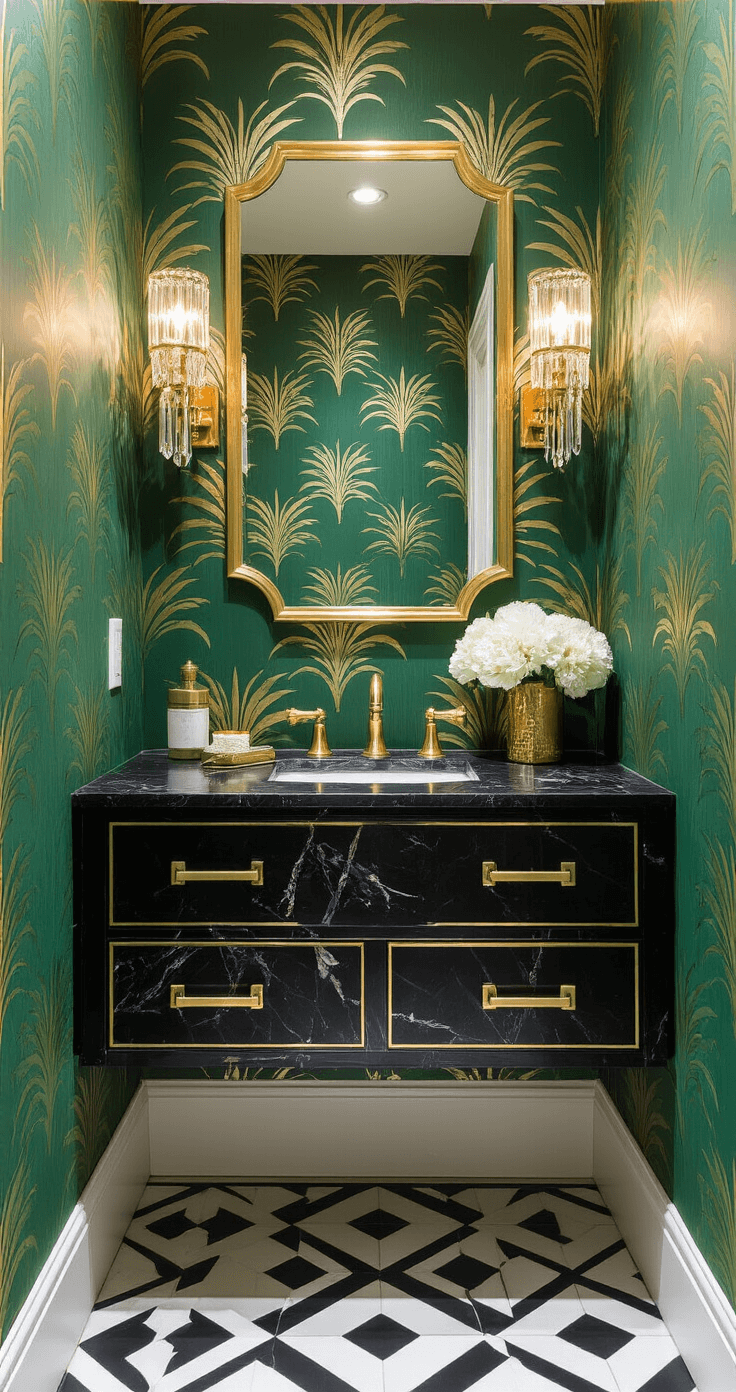 Bathroom Decor Inspiration: Transform Your Space with Style and Creativity Glamourous Art Deco powder room with emerald green wallpaper adorned with gold palm motifs, featuring a black marble floating vanity with brass inlay, a vintage-inspired gold mirror, and crystal sconces, all set against a black and white geometric tiled floor.
