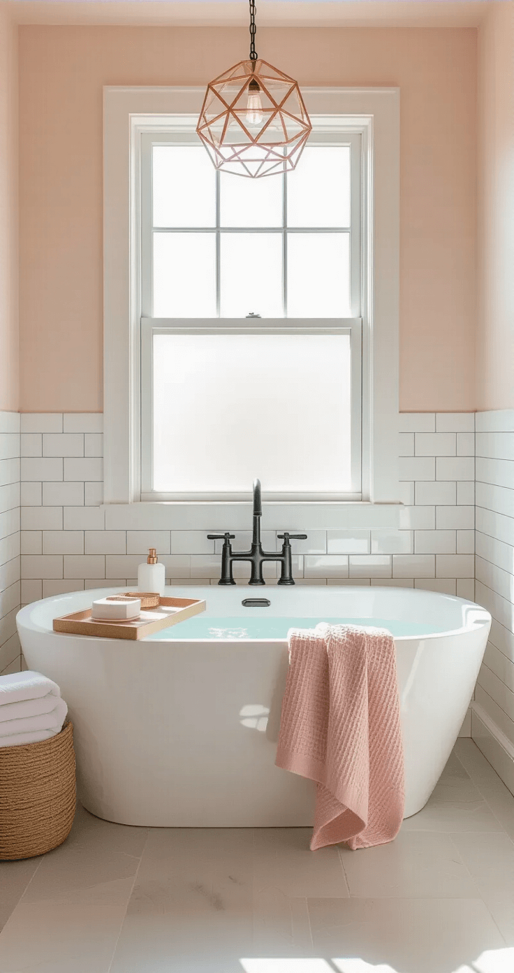 Pink Bathroom Decor: Transform Your Space with Playful Elegance A contemporary bathroom with walls painted in 'Pink Beach', featuring a freestanding white oval tub under a frosted window, adorned with a blush pink throw and gold-rimmed tray, complemented by matte black fixtures and a rose gold pendant light, all bathed in morning sunlight.