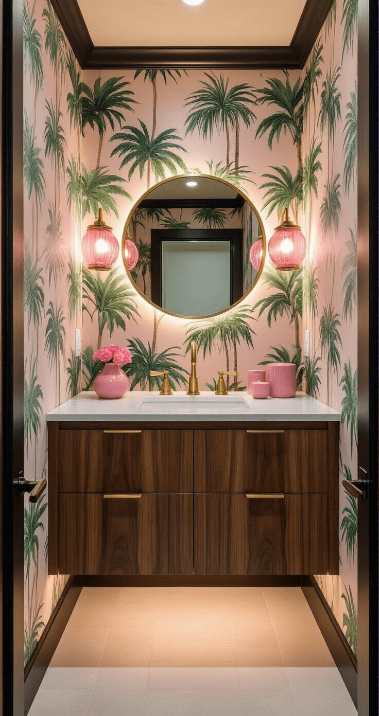 Pink Bathroom Decor: Transform Your Space with Playful Elegance Mid-century modern powder room with palm-print wallpaper in dusty pink and emerald green, featuring a floating walnut vanity with white quartz, brass faucet, and pink ceramic vessels, illuminated by a backlit round brass mirror and vintage-style pink glass sconces, shot from a low angle to highlight the ceiling height and warm evening lighting.