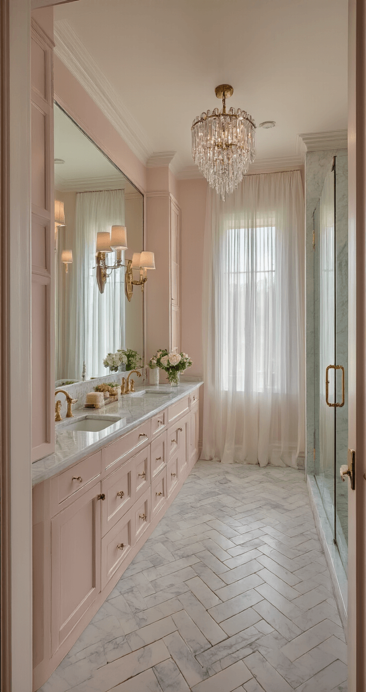 Pink Bathroom Decor: Transform Your Space with Playful Elegance A luxurious 10x12ft master bathroom featuring a soft blush and cream color palette, a double vanity in pale pink with a Carrara marble top, antique brass hardware, herringbone marble floor tiles, a glass shower enclosure, a crystal chandelier, and gauzy white curtains, all captured from a high angle shot that emphasizes the elegant spatial flow.
