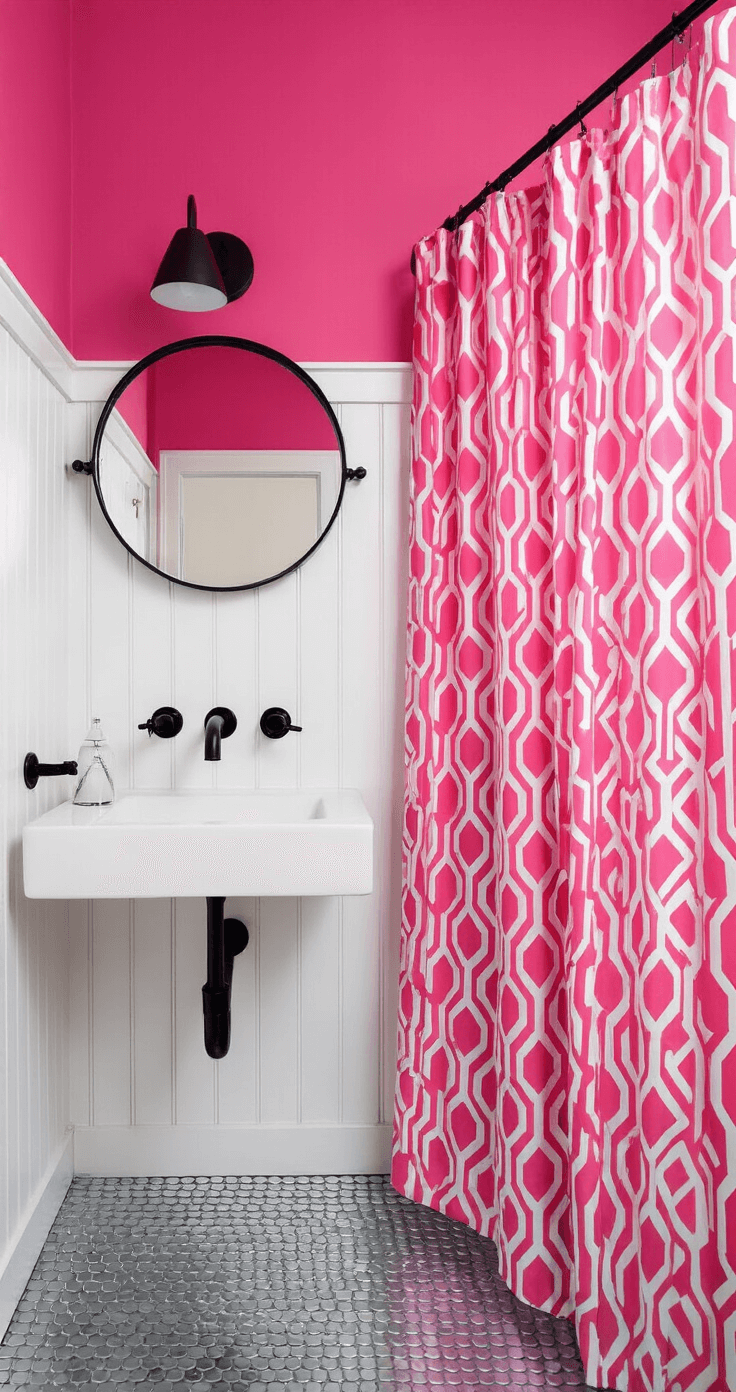 Pink Bathroom Decor: Transform Your Space with Playful Elegance Compact urban bathroom featuring bold color blocking with a hot pink upper wall and crisp white beadboard lower half, chrome penny tile floor, wall-mounted sink with matte black fixtures, oversized round mirror, and a pink and white geometric shower curtain, shot straight-on from the doorway.