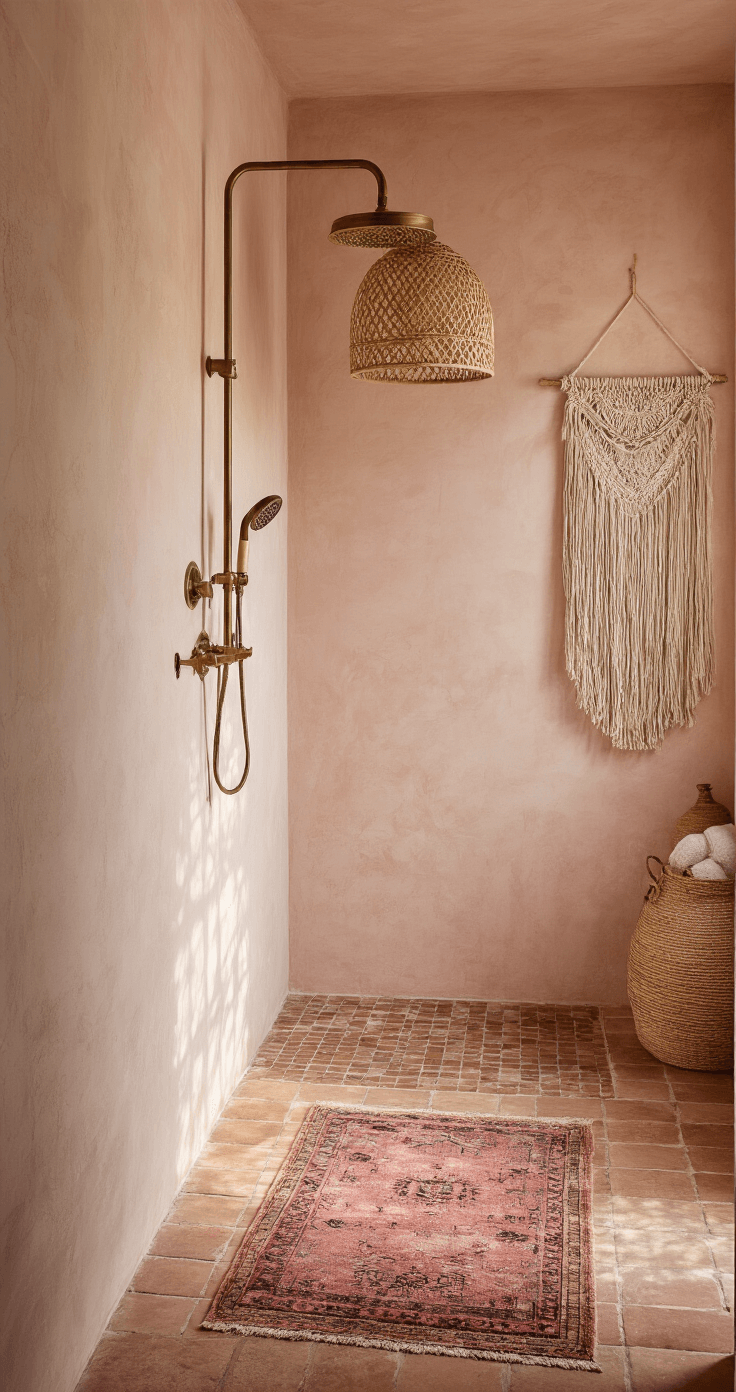 Pink Bathroom Decor: Transform Your Space with Playful Elegance A bohemian-inspired bathroom with textured pink plaster walls, handmade terra cotta tiles, and a vintage Persian runner. A brass shower system, rattan pendant light, and macramé wall hanging add character, all illuminated by warm golden hour lighting.