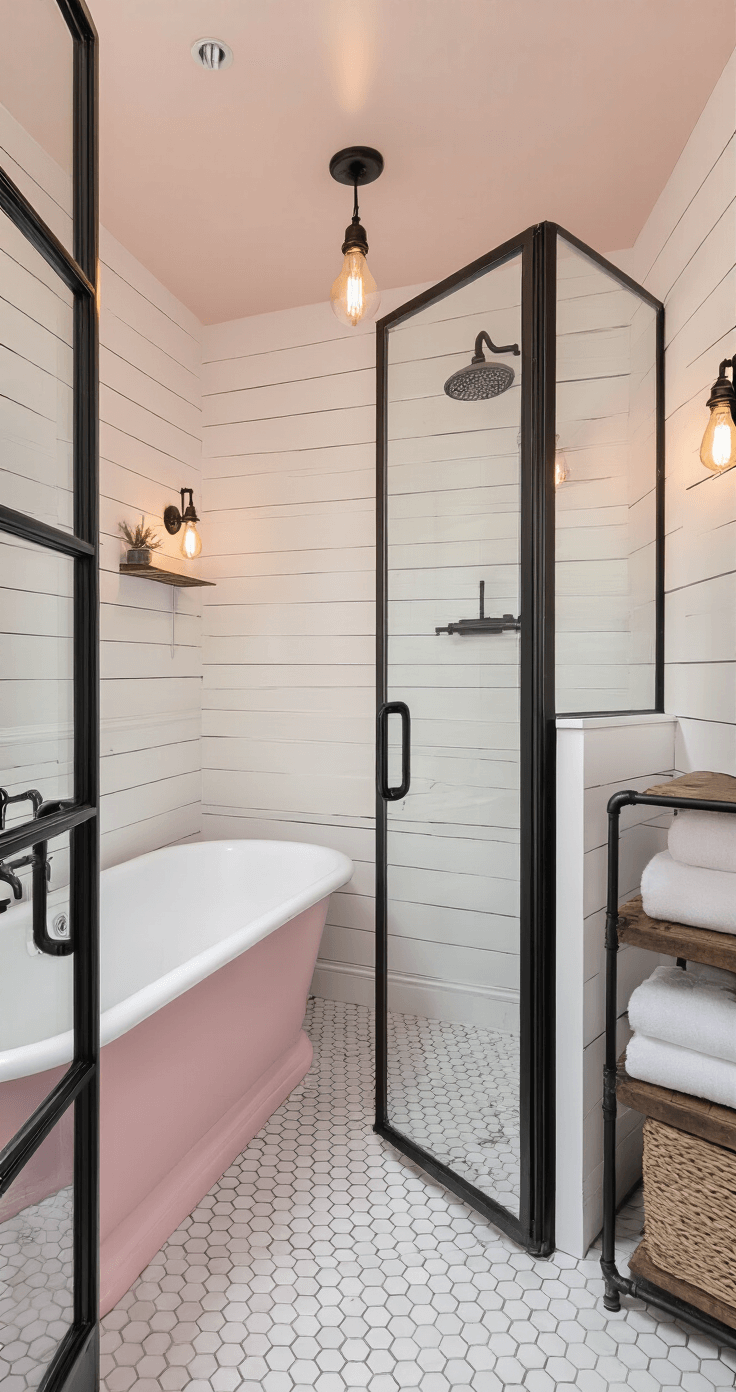 Pink Bathroom Decor: Transform Your Space with Playful Elegance A modern farmhouse bathroom featuring soft ballet pink shiplap walls, white hexagon floor tiles, and black steel-frame shower doors, with a vintage pink clawfoot tub, industrial black pipe towel bars, and shelving. Edison bulb sconces provide a warm glow in a space illuminated by diffused natural light, captured from an elevated angle showing the layout.