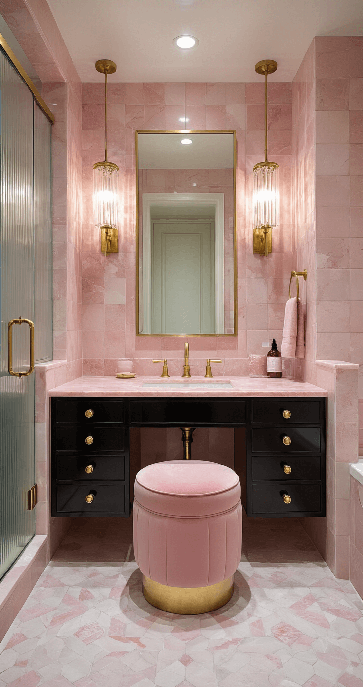 Pink Bathroom Decor: Transform Your Space with Playful Elegance Art Deco bathroom with geometric pink marble tile walls, black and gold vanity with pink quartz countertop, fluted glass shower enclosure, brass fixtures, crystal sconces, and a pink velvet stool, showcasing symmetry and luxurious materials.