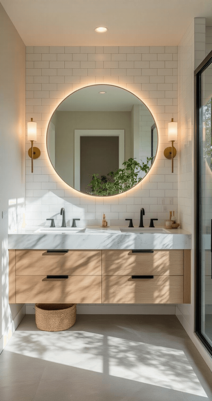 Modern Bathroom Decor: Transform Your Space into a Luxurious Sanctuary A modern bathroom featuring a floating double vanity in white oak with matte black hardware, a veined marble countertop, and an oversized round mirror with LED backlighting, bathed in morning light from a frosted window. The walls are adorned with textural white subway tiles, and the floor is made of large-format concrete-look tiles. A glass shower enclosure with matte black framing and brass sconces flank the mirror, while natural foliage adds an organic touch.