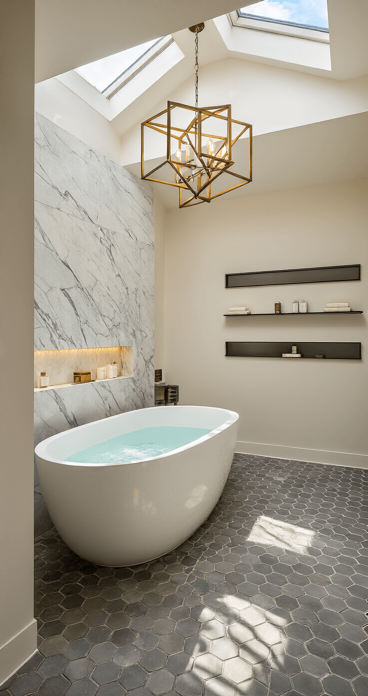 Modern Bathroom Decor: Transform Your Space into a Luxurious Sanctuary A luxurious master bathroom featuring a freestanding oval soaking tub against a floor-to-ceiling marble wall, illuminated by late afternoon sunlight. The space includes heated hexagonal stone floors, a modern brass chandelier, and built-in niches with LED-lit bath products, all in a creamy white, dove grey, and champagne brass color scheme with black accents.