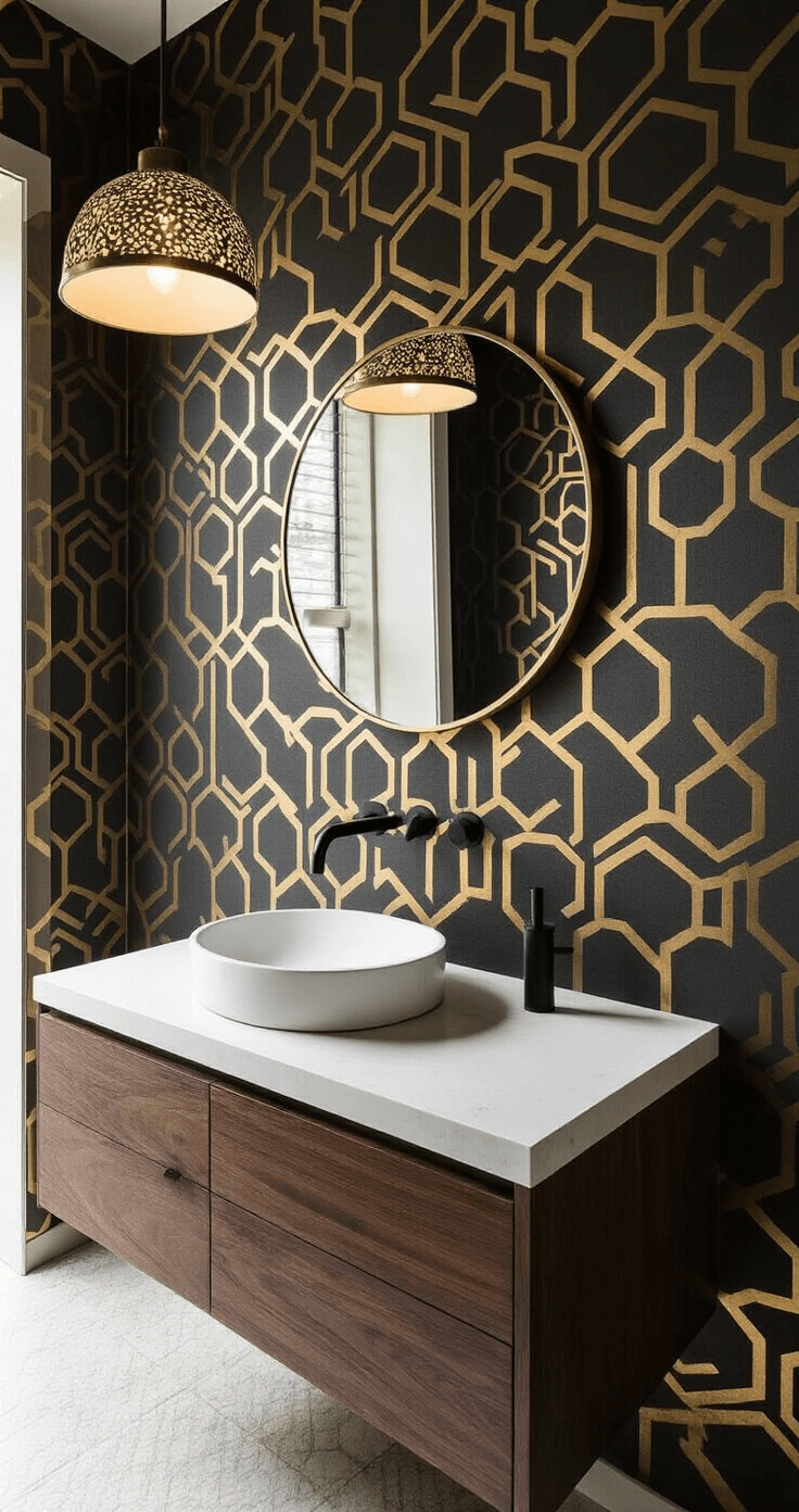 Modern Bathroom Decor: Transform Your Space into a Luxurious Sanctuary An intimate powder room featuring a corner view with dramatic light and shadow. A moody pendant light casts artistic patterns on textured metallic geometric wallpaper. A dark walnut floating vanity with a matte white integrated sink is visible, along with an oversized round mirror in a thin brass frame reflecting ambient light. A black matte faucet is wall-mounted, set against a color palette of deep charcoal, brushed gold, warm walnut, and white accents.