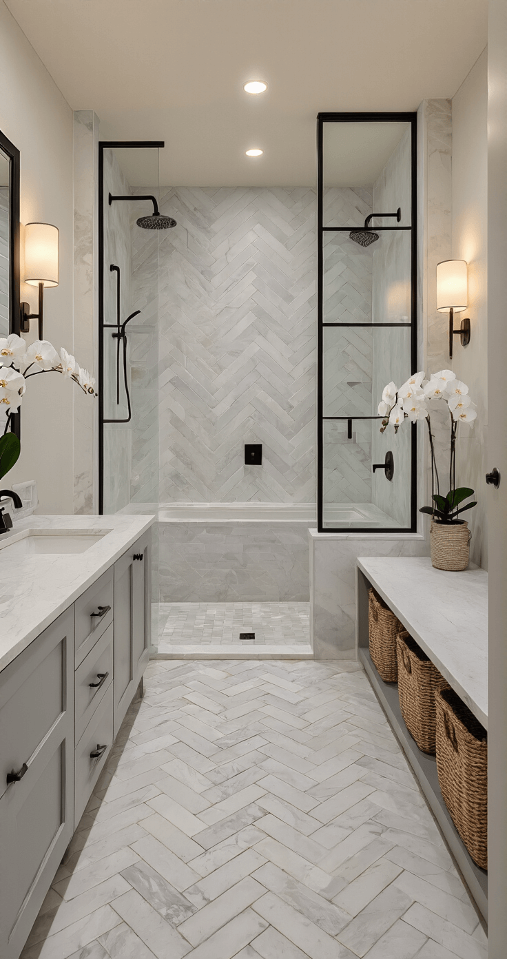 Modern Bathroom Decor: Transform Your Space into a Luxurious Sanctuary Bird's eye view of an elegant spa-inspired bathroom featuring herringbone marble tiles, a wet room with a rainfall shower, a custom black-framed glass partition, a pale grey double vanity with a quartz countertop, and soft uplighting from vertical sconces. Minimal decor includes white orchids and woven baskets, all bathed in the warm glow of golden hour.