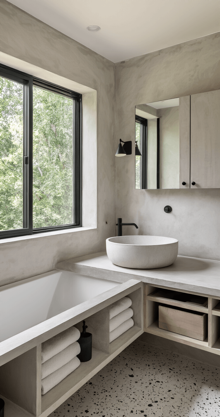 Modern Bathroom Decor: Transform Your Space into a Luxurious Sanctuary Eye-level view of a modern bathroom corner with a brushed nickel cylindrical sink on a floating concrete vanity, illuminated by morning light through a horizontal window. Features minimalist storage, recessed medicine cabinet, hidden drawers, terrazzo flooring, and matte black fixtures, with a color scheme of warm concrete grey, brushed metal, white, and black accents.