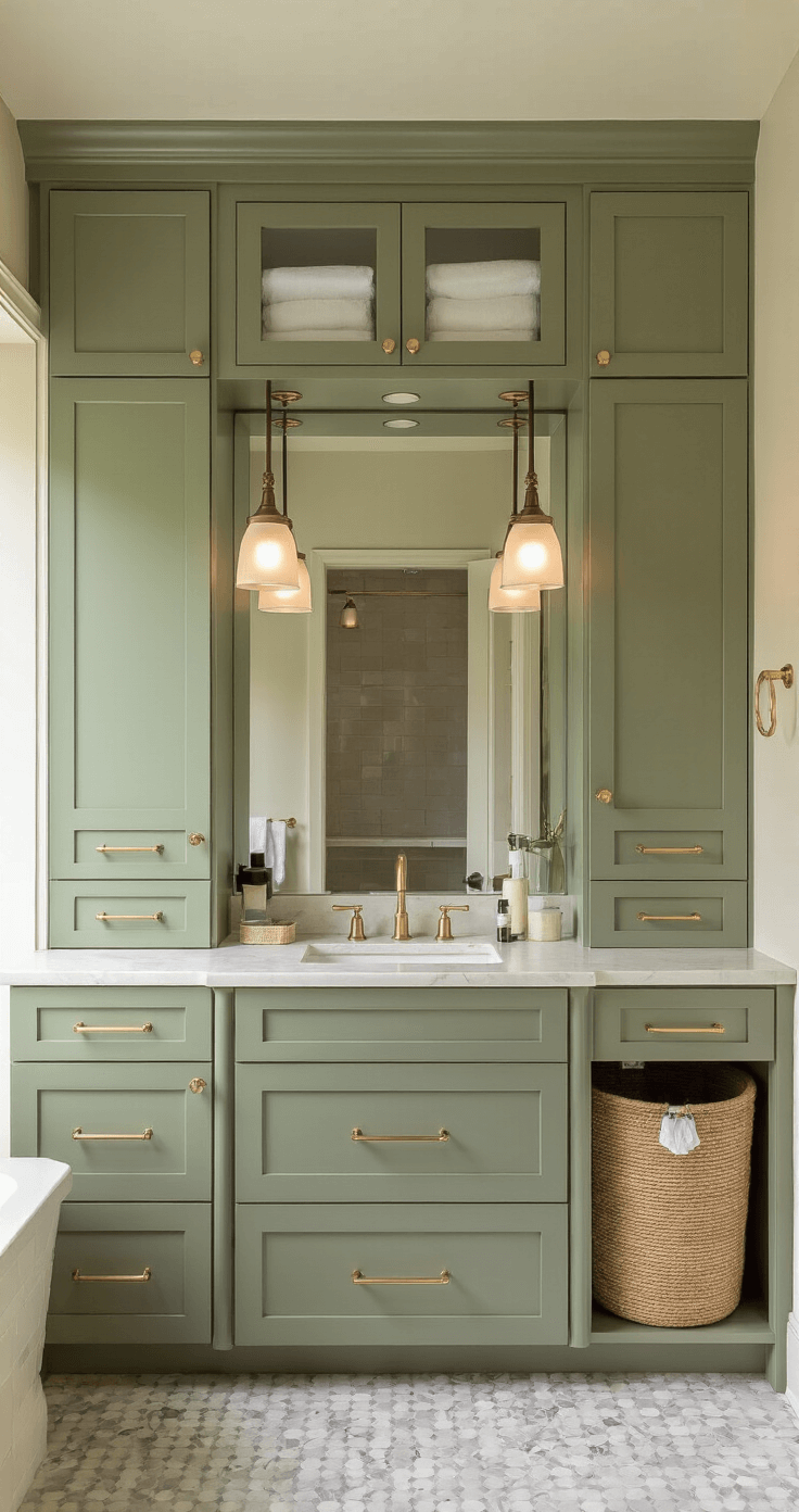 Modern Bathroom Decor: Transform Your Space into a Luxurious Sanctuary Wide-angle view of a 9x11ft bathroom featuring sage green built-in cabinetry, brass handles, and an integrated laundry hamper, alongside a central vanity island with honed marble and a makeup station. A backlit mirror occupies the full wall width, while smokey glass pendant lights enhance the intimate atmosphere. The color palette includes sage green, cream, brass, and touches of black.