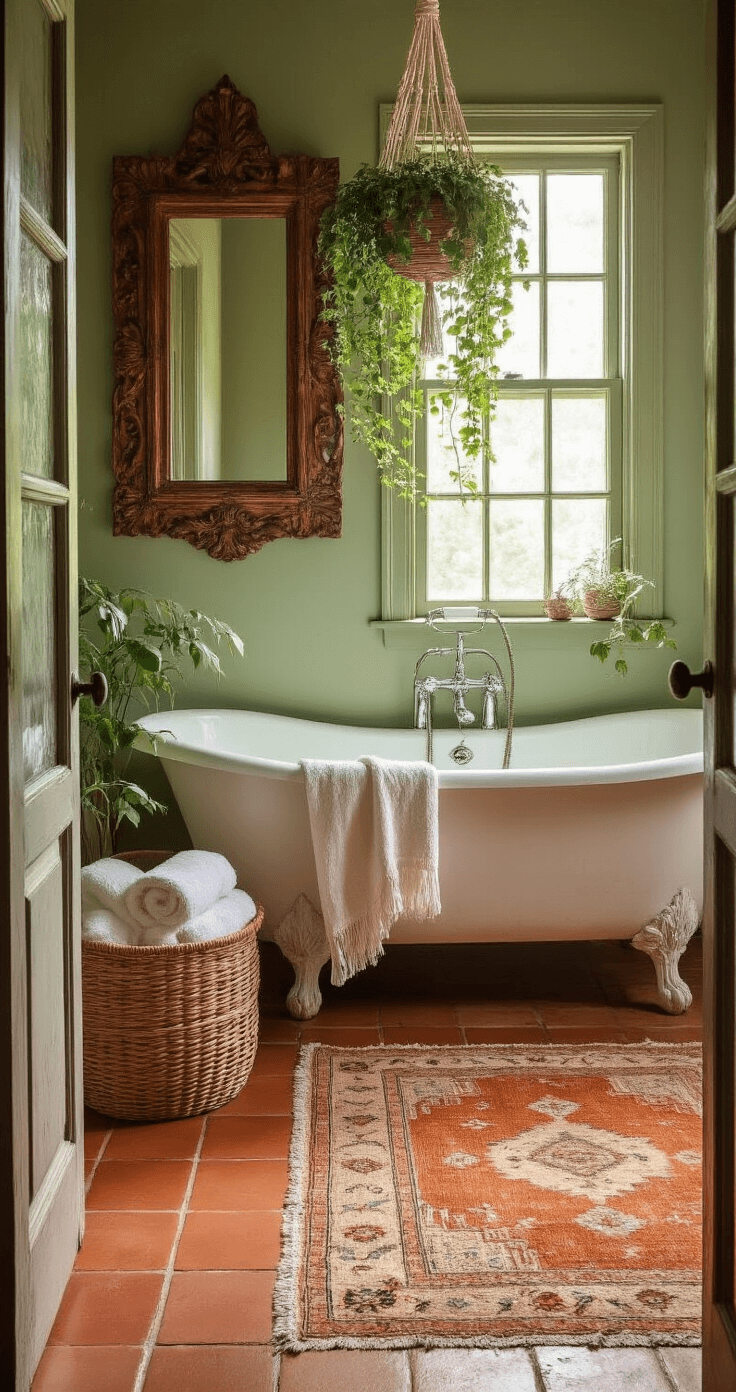Boho Bathroom Decor: Transform Your Space with Eclectic Charm and Natural Vibes A sunlit bohemian bathroom featuring a vintage clawfoot tub, trailing ivy in a macramé hanger, terracotta tiles, sage green walls, and a large patina mirror, all captured with soft focus and warm lighting.