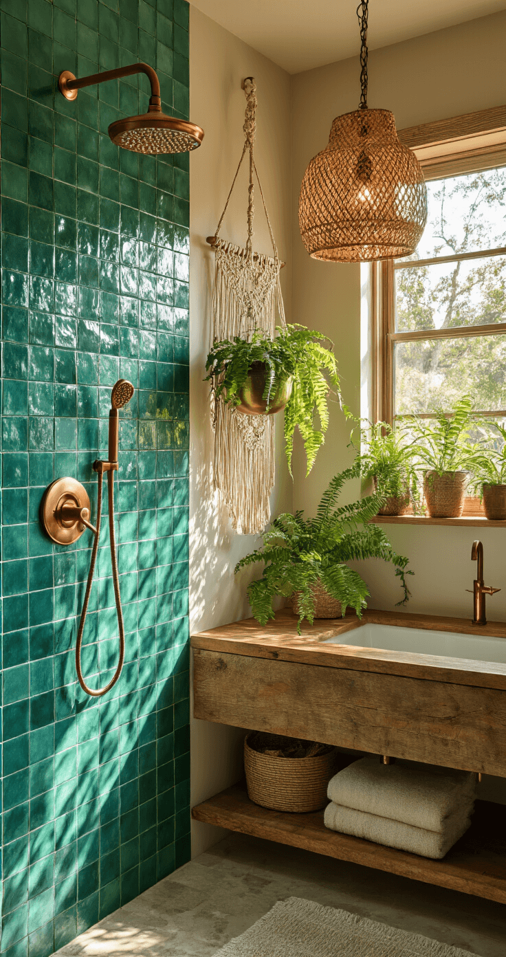 Boho Bathroom Decor: Transform Your Space with Eclectic Charm and Natural Vibes Intimate corner view of a boho bathroom featuring a gleaming copper rainfall shower head and handmade emerald green tiles, with sunlight illuminating hanging brass planters of ferns and air plants, a reclaimed wood floating vanity, and a woven pendant lamp casting intricate shadows, all captured from a low angle at golden hour.