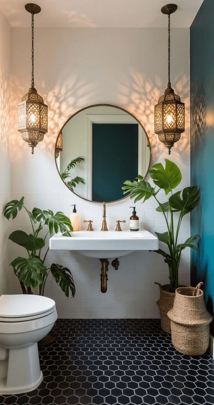 Boho Bathroom Decor: Transform Your Space with Eclectic Charm and Natural Vibes Moody evening bathroom with Moroccan lanterns casting warm patterns on whitewashed walls, an oversized round mirror reflecting candlelight, black hexagon floor tiles, and dramatic shadows from monstera leaves; features vintage brass fixtures on a deep teal accent wall and handwoven basket pendants for ambient lighting.