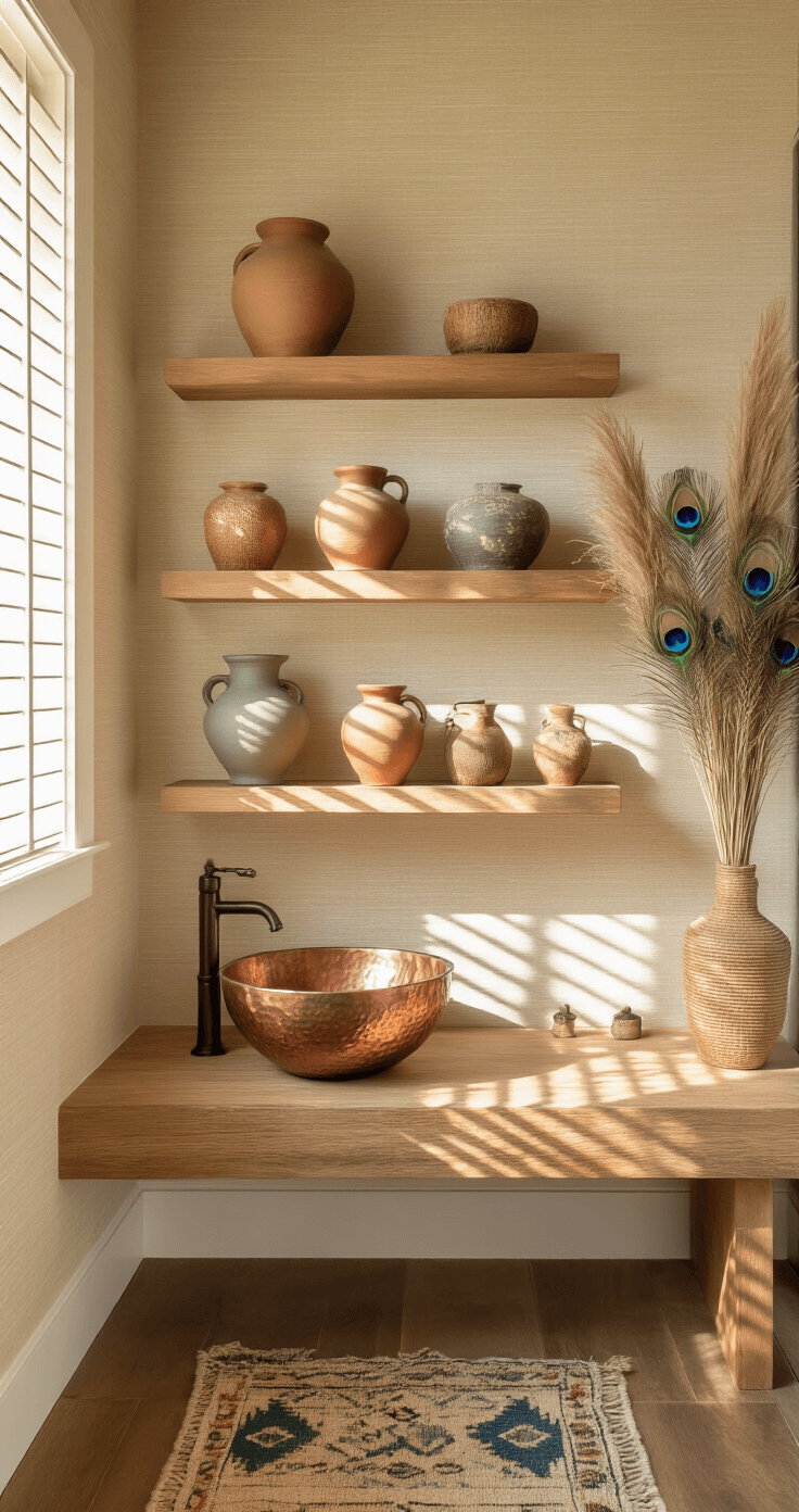 Boho Bathroom Decor: Transform Your Space with Eclectic Charm and Natural Vibes Aerial view of a stylish bathroom vignette featuring ceramic vessels on wooden shelves, textured grasscloth wallpaper, a vintage kilim runner, and a hammered copper sink, illuminated by morning light with dried pampas grass and peacock feathers.
