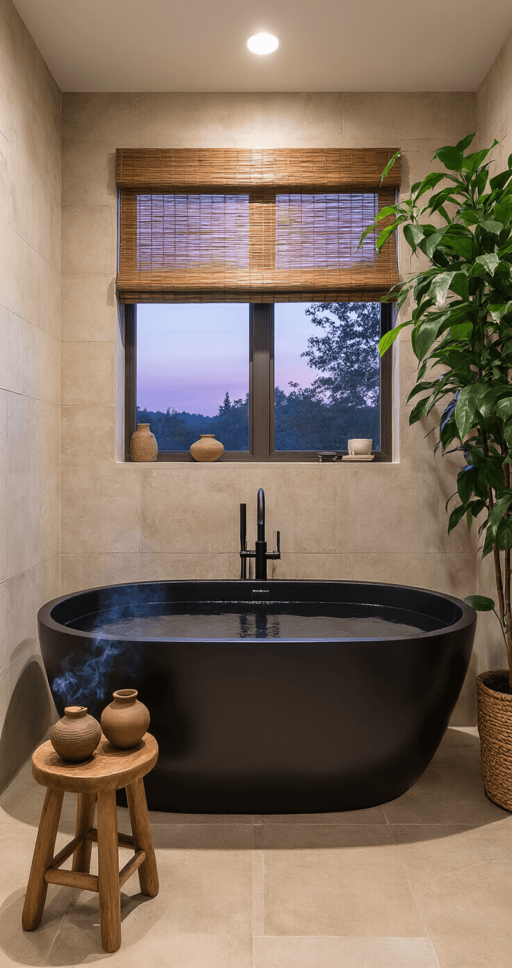Boho Bathroom Decor: Transform Your Space with Eclectic Charm and Natural Vibes A serene zen-inspired boho bathroom at twilight features a black soaking tub beneath a massive philodendron, with lavender dusk light filtering through bamboo roman shades. Sandstone-look porcelain tiles create a seamless flow from floor to walls, while a wooden stool showcases a collection of handmade pottery. Incense smoke wafts through the air, adding to the ethereal atmosphere, captured with a 35mm lens at f/2 for a warm, atmospheric effect.