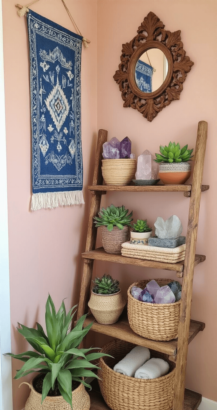 Boho Bathroom Decor: Transform Your Space with Eclectic Charm and Natural Vibes Eclectic boho bathroom corner featuring a vintage ladder shelf adorned with crystals, potted succulents, and handwoven baskets, set against blush pink walls with indigo-dyed fabric art; a carved wooden mirror frame adds accent, all captured in warm afternoon light with a soft background blur.