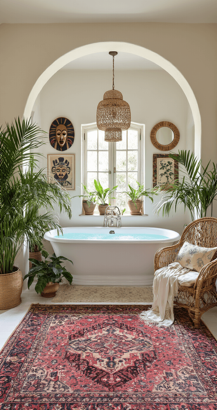 Boho Bathroom Decor: Transform Your Space with Eclectic Charm and Natural Vibes Maximalist boho bathroom featuring a clawfoot tub framed by an archway, surrounded by potted palms and a colorful vintage Persian rug, with a gallery wall of tribal masks and botanical prints, and a rattan peacock chair draped with silk throws, all illuminated by natural light.