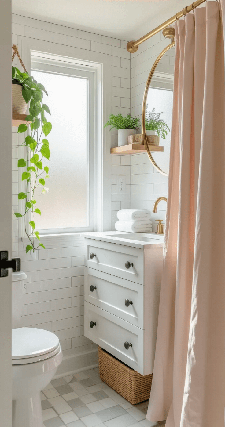 Apartment Bathroom Decor: Transform Your Small Space into a Stylish Oasis A bright, compact bathroom featuring white subway tiles, a curved blush pink shower curtain, and a modern white vanity with a gold-rimmed mirror and matte black hardware, bathed in morning light. Floating wooden shelves hold white towels and brass accessories, while green trailing plants and a woven seagrass basket add warmth and texture.