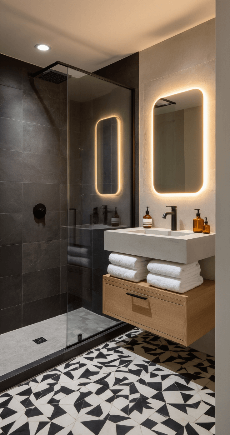 Apartment Bathroom Decor: Transform Your Small Space into a Stylish Oasis Interior view of a modern bathroom featuring geometric black and white floor tiles, a sleek glass shower partition, a floating concrete vanity with an LED-backlit mirror, and minimalist matte black fixtures, complemented by a vertical white oak storage tower, structured cotton towels, and amber glass vessels, all illuminated by warm dramatic side lighting.