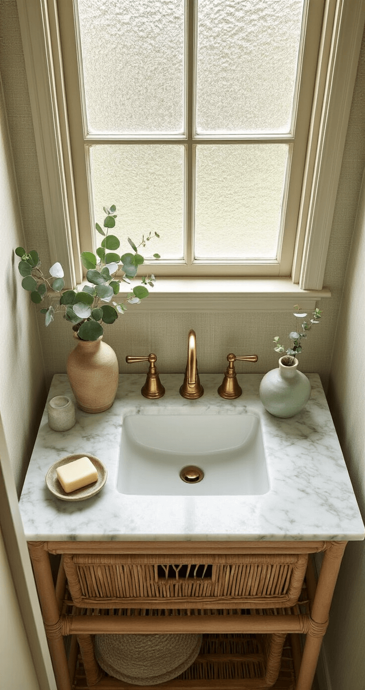 Apartment Bathroom Decor: Transform Your Small Space into a Stylish Oasis Aerial view of an intimate powder room featuring a vintage brass faucet on a marble-topped vanity. Natural light streams through a textured glass window, illuminating a ceramic soap dish, a hand-thrown vase with eucalyptus, and an antique hand mirror. The room is adorned with grass cloth wallpaper and a rattan shelf unit, with a color palette of cream, brass, sage, and warm gray. Soft overhead lighting accentuates the brass details.