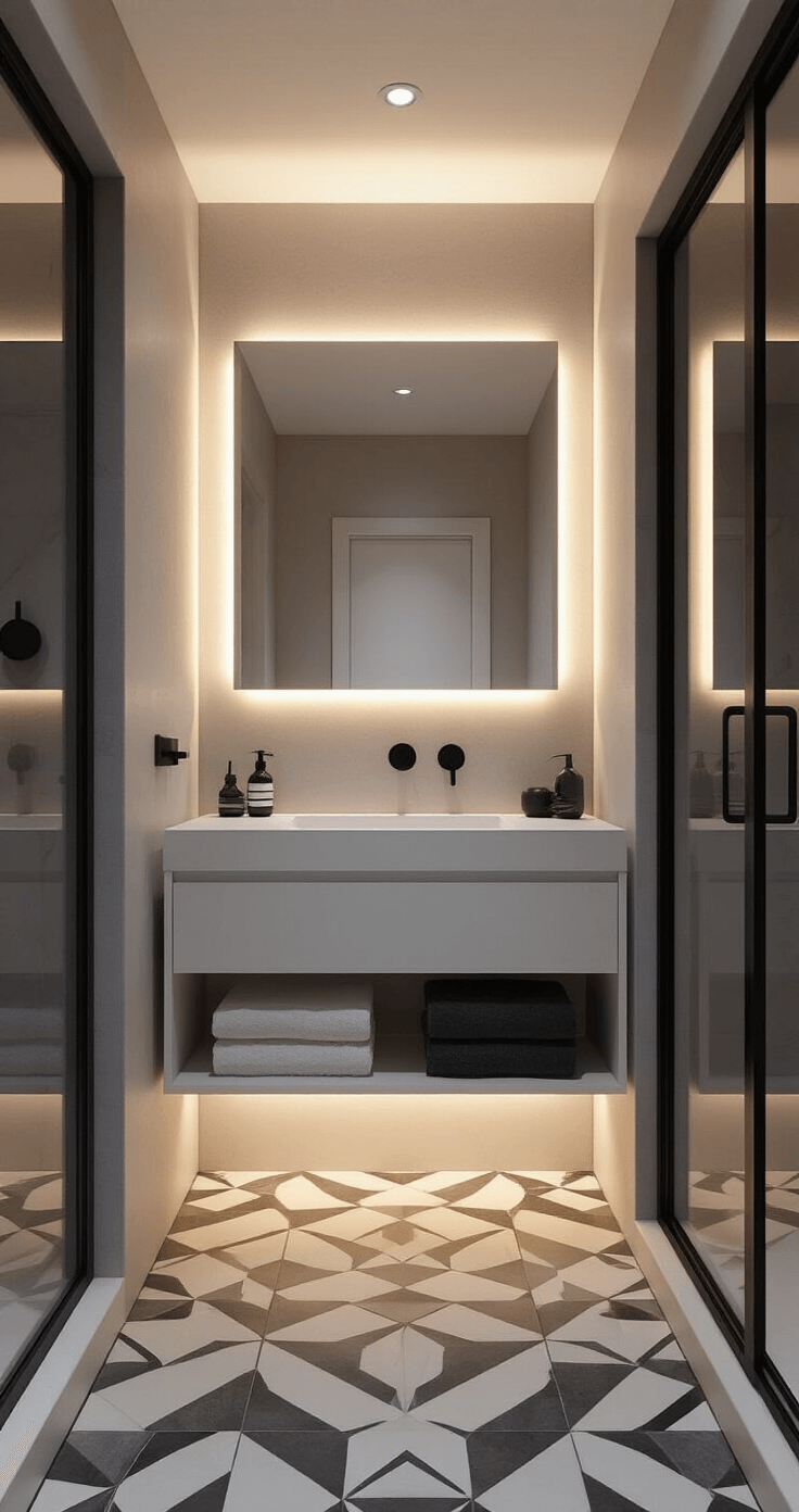 Apartment Bathroom Decor: Transform Your Small Space into a Stylish Oasis A contemporary bathroom at twilight featuring a low-angle view of a wall-mounted vanity that floats above geometric floor tiles, with LED strip lighting illuminating the space. A glass shower enclosure reflects light, while floor-to-ceiling matte white shelving maximizes storage. Minimalist black accessories and plush charcoal towels contrast against the bright white and warm gray colors, creating a moody ambiance.