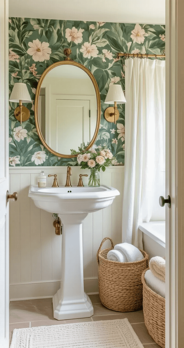 Apartment Bathroom Decor: Transform Your Small Space into a Stylish Oasis Cozy 6x6ft bathroom in early morning light featuring a freestanding pedestal sink against bold botanical wallpaper, vintage sconces flanking an oval brass-framed mirror, woven baskets above the toilet, and a textured white shower curtain, with fresh flowers in a milk glass vase on the windowsill; colors include forest green, cream, brass, and blush.