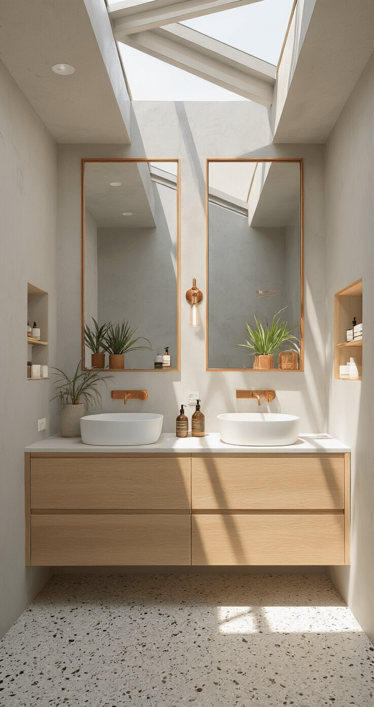 Apartment Bathroom Decor: Transform Your Small Space into a Stylish Oasis A modern bathroom featuring a floating double vanity in bleached oak, vessel sinks, and waterfall faucets, illuminated by late afternoon sunlight streaming through skylights, with shadows casting dramatically across the terrazzo floor; a large frameless mirror enhances brightness, while built-in niches display stylish toiletries and air plants, all in a color palette of light wood, white, gray, and copper accents.