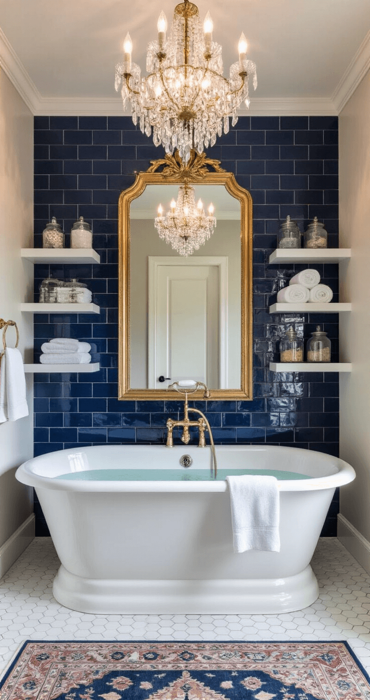 Apartment Bathroom Decor: Transform Your Small Space into a Stylish Oasis A luxurious bathroom featuring a clawfoot tub against a deep blue zellige tile wall, illuminated by a crystal chandelier reflecting in a large gilded mirror, with built-in shelving displaying rolled white towels and glass jars, marble hexagon floor tiles, and a vintage Turkish rug, all bathed in dramatic dusk lighting.