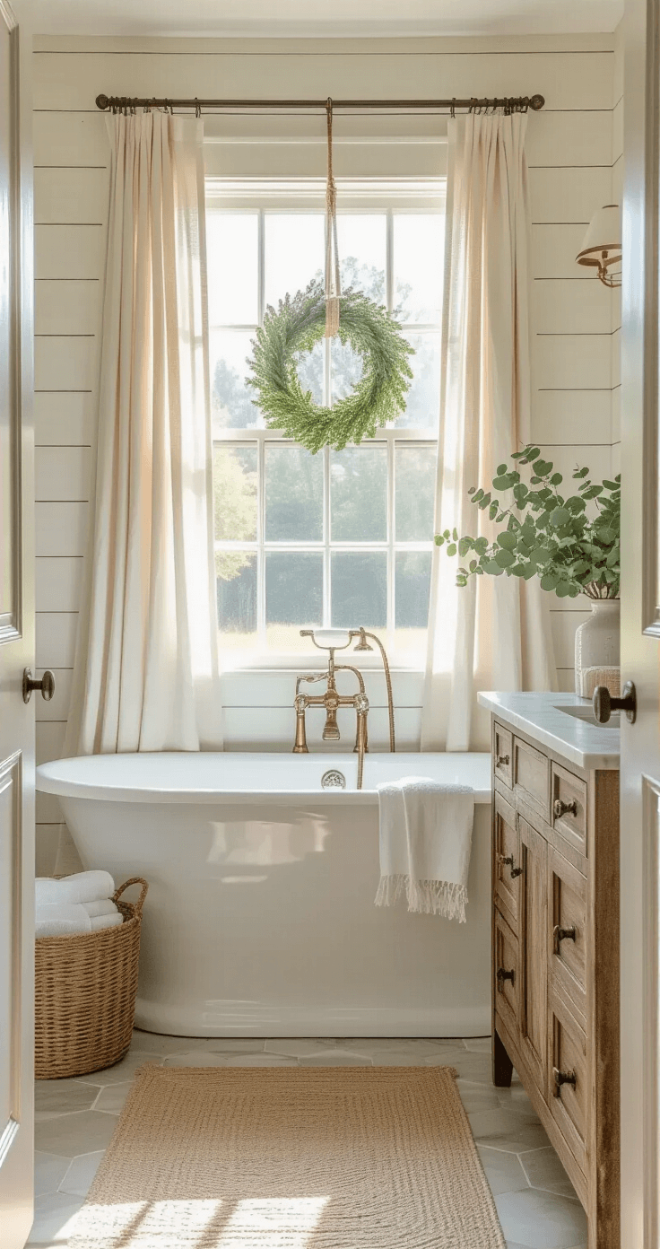 Farmhouse Bathroom Decor: Transform Your Space with Rustic Charm Bright farmhouse bathroom featuring shiplap walls, a vintage clawfoot tub beneath a west-facing window, a weathered oak vanity, and layered textures, photographed in warm golden hour light.